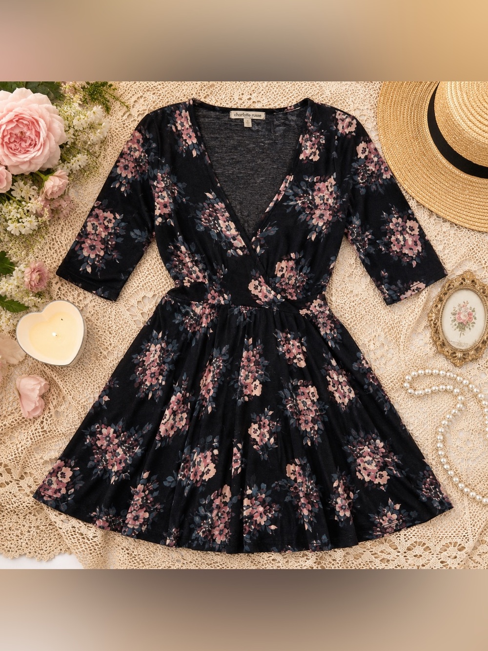 Charlotte Russe Floral Faux Wrap Skater Dress Small Cottagecore Boho Mini